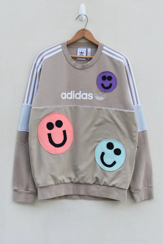 MEZOTER “Smiley Pop” Sweatshirt – Beige Adidas Sweatshirt with Multicolor Smiley Patches