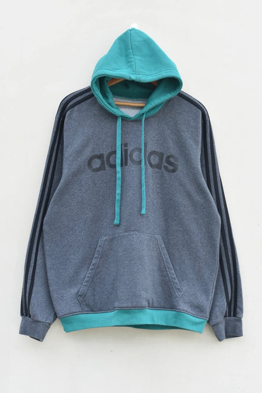 MEZOTER “Dual Tone Street Classic” Hoodie – Grey & Teal Adidas Hoodie with Signature 3-Stripes Design