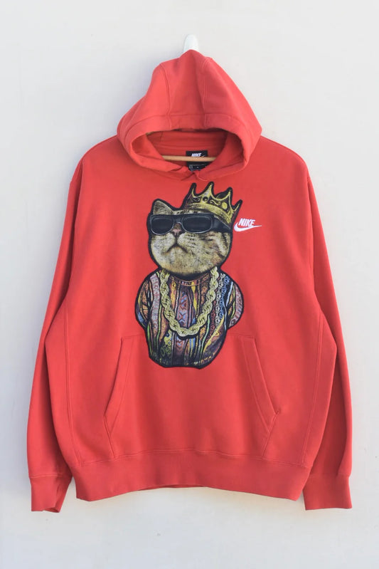 MEZOTER “Royal Cat” Graphic Hoodie – Unisex Red Streetwear Pullover
