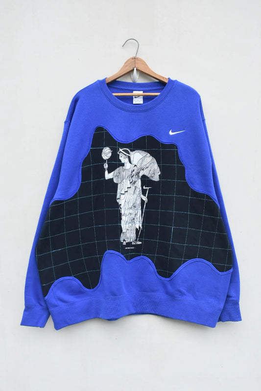 MEZOTER “Athenian Grid” Sweatshirt – Royal Blue Oversized Artistic Streetwear Pullover