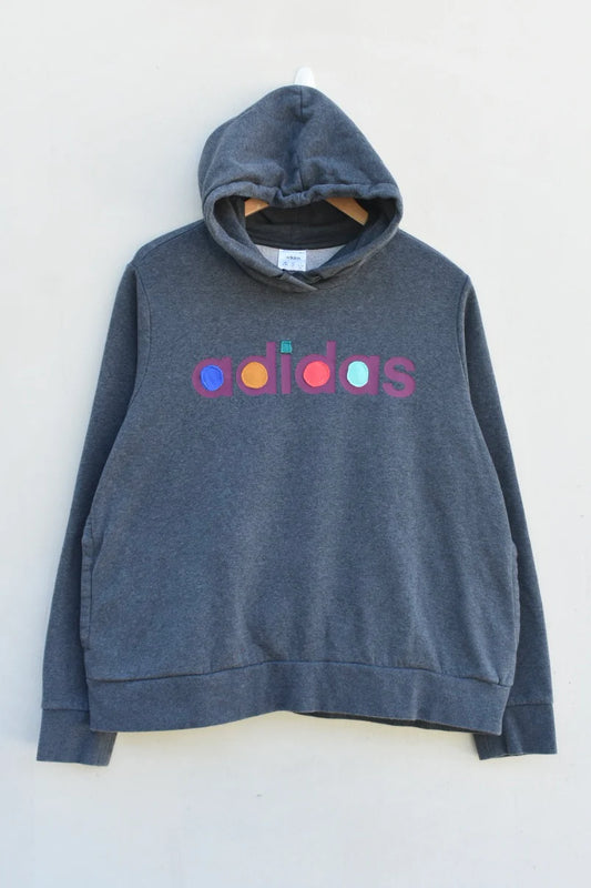 MEZOTER “ColorCore” Hoodie – Dark Grey Oversized Hoodie with Multicolor Adidas Patch Design