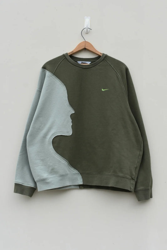 MEZOTER “Mindscape” Sweatshirt – Olive Green Dual-Tone Oversized Artistic Crewneck
