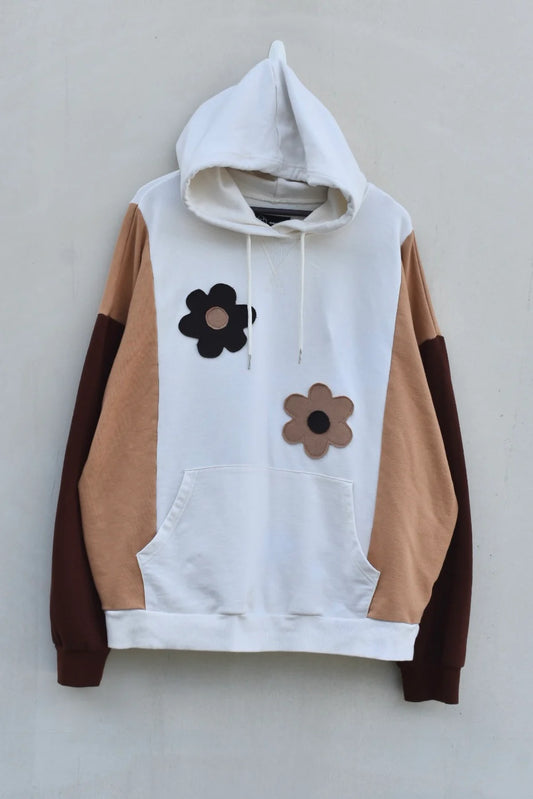 MEZOTER “Bloom Vibe” Hoodie – Cream & Brown Flower Patch Oversized Sweatshirt