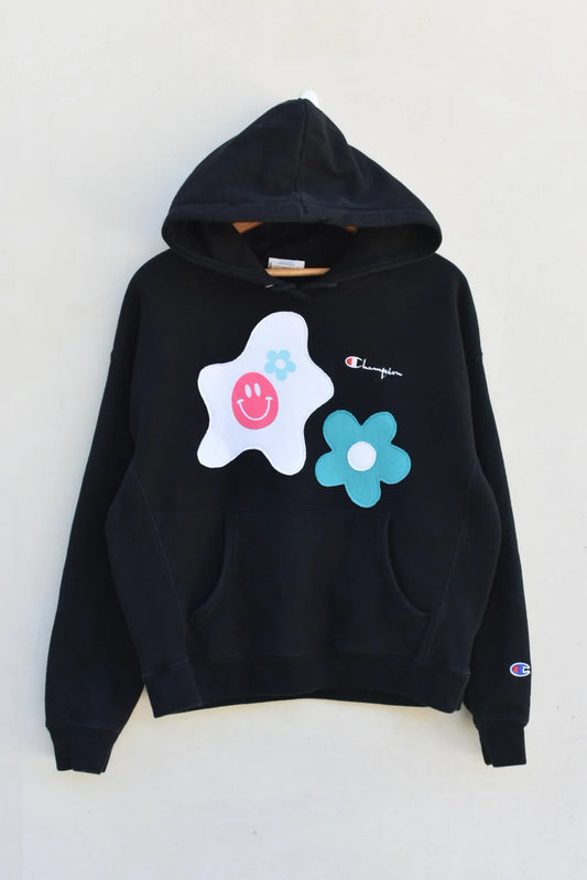 MEZOTER “Happy Bloom” Hoodie – Black Champion Hoodie with Smiley & Flower Patches