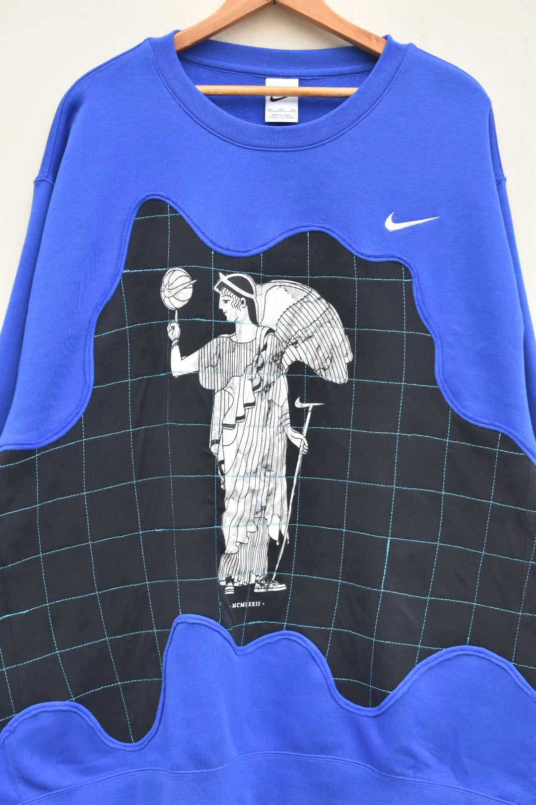 MEZOTER “Athenian Grid” Sweatshirt – Royal Blue Oversized Artistic Streetwear Pullover