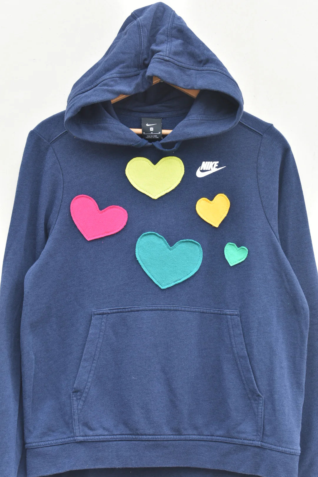 MEZOTER “Color Heart Pop” Hoodie – Navy Blue Nike Hoodie with Multicolor Heart Patches