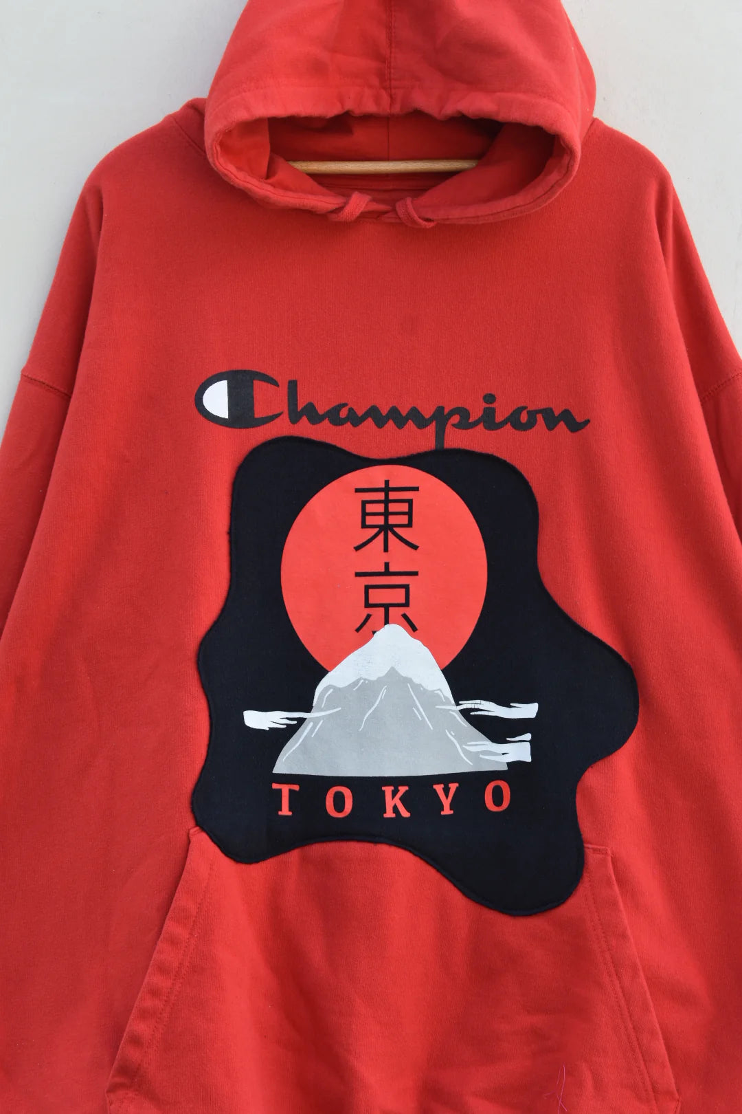 MEZOTER “Tokyo Vibe” Hoodie – Red Champion Oversized Hoodie with Mount Fuji & Japanese Print Design