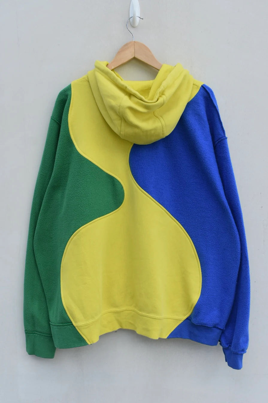 MEZOTER Unisex Color-Block Hoodie | Yellow, Blue & Green Fleece Streetwear Sweatshirt