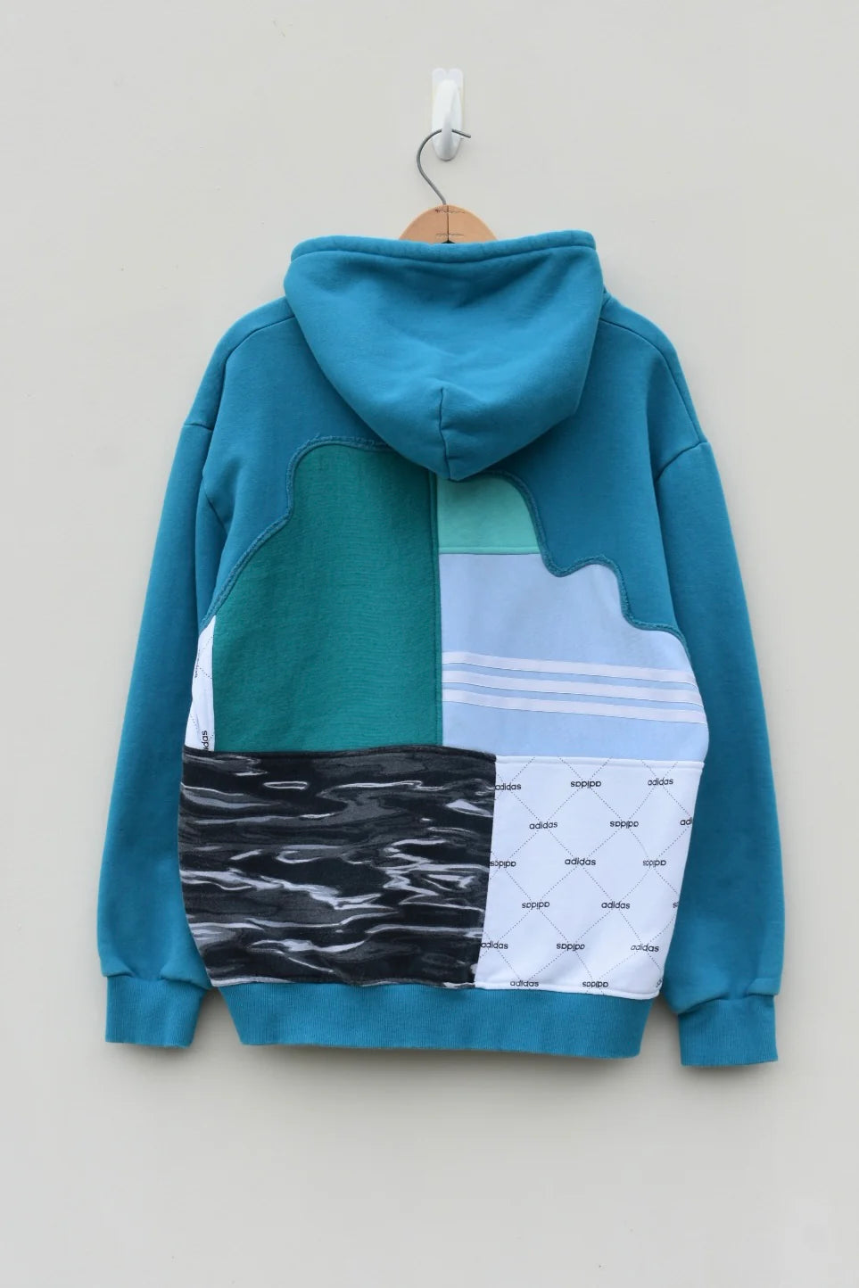 MEZOTER “Aero Patch” Hoodie – Teal Blue Artistic Patchwork Oversized Streetwear