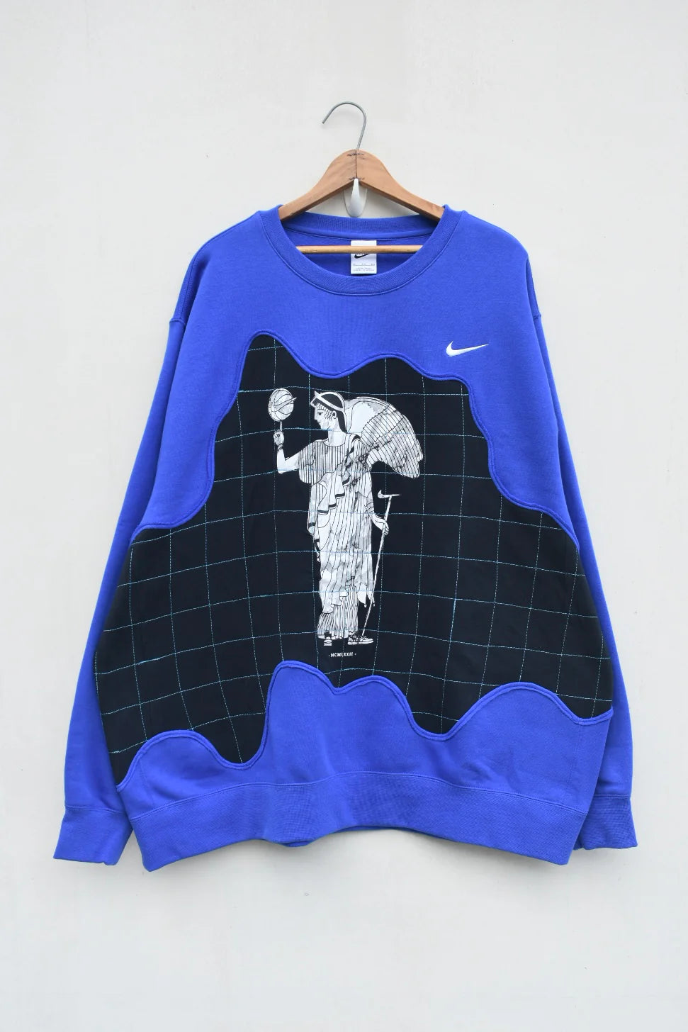 MEZOTER “Athenian Grid” Sweatshirt – Royal Blue Oversized Artistic Streetwear Pullover