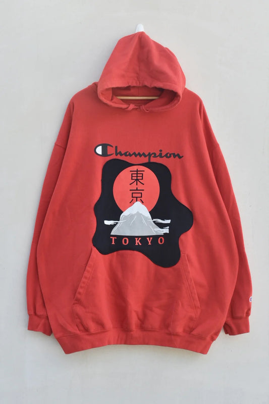MEZOTER “Tokyo Vibe” Hoodie – Red Champion Oversized Hoodie with Mount Fuji & Japanese Print Design