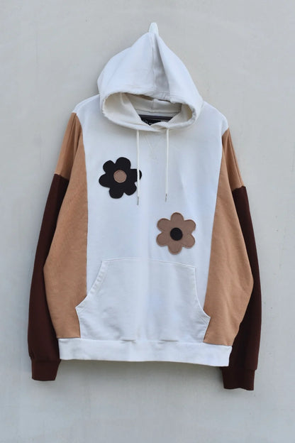 MEZOTER “Bloom Vibe” Hoodie – Cream & Brown Flower Patch Oversized Sweatshirt