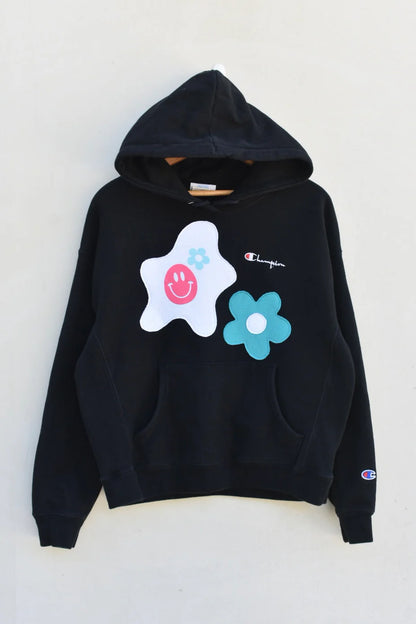 MEZOTER “Happy Bloom” Hoodie – Black Champion Hoodie with Smiley & Flower Patches