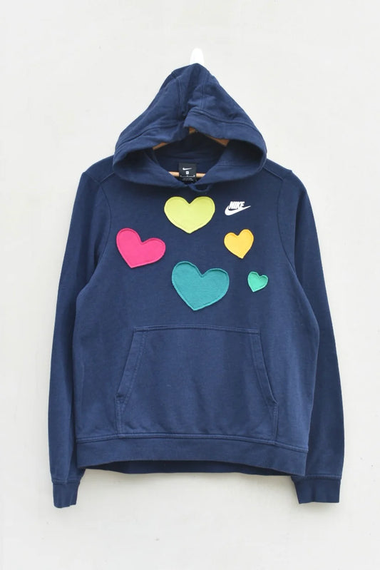 MEZOTER “Color Heart Pop” Hoodie – Navy Blue Nike Hoodie with Multicolor Heart Patches