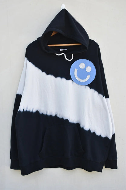 MEZOTER “WaveSmile” Hoodie – Black & White Tie-Dye Hoodie with Blue Smiley Patch