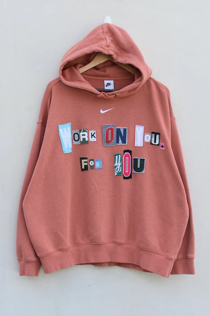 MEZOTER “Work On You” Hoodie – Motivational Nike Hoodie in Warm Coral