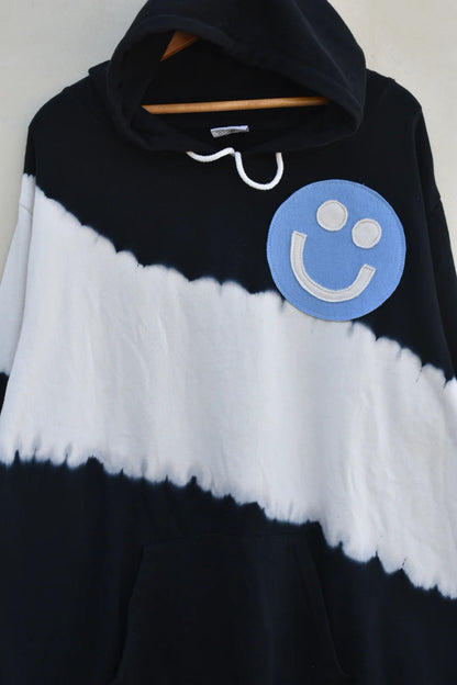 MEZOTER “WaveSmile” Hoodie – Black & White Tie-Dye Hoodie with Blue Smiley Patch
