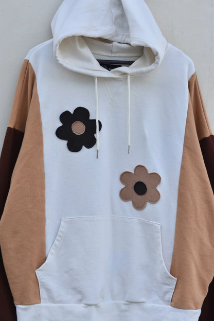 MEZOTER “Bloom Vibe” Hoodie – Cream & Brown Flower Patch Oversized Sweatshirt