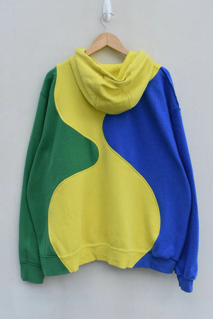 MEZOTER Unisex Color-Block Hoodie | Yellow, Blue & Green Fleece Streetwear Sweatshirt